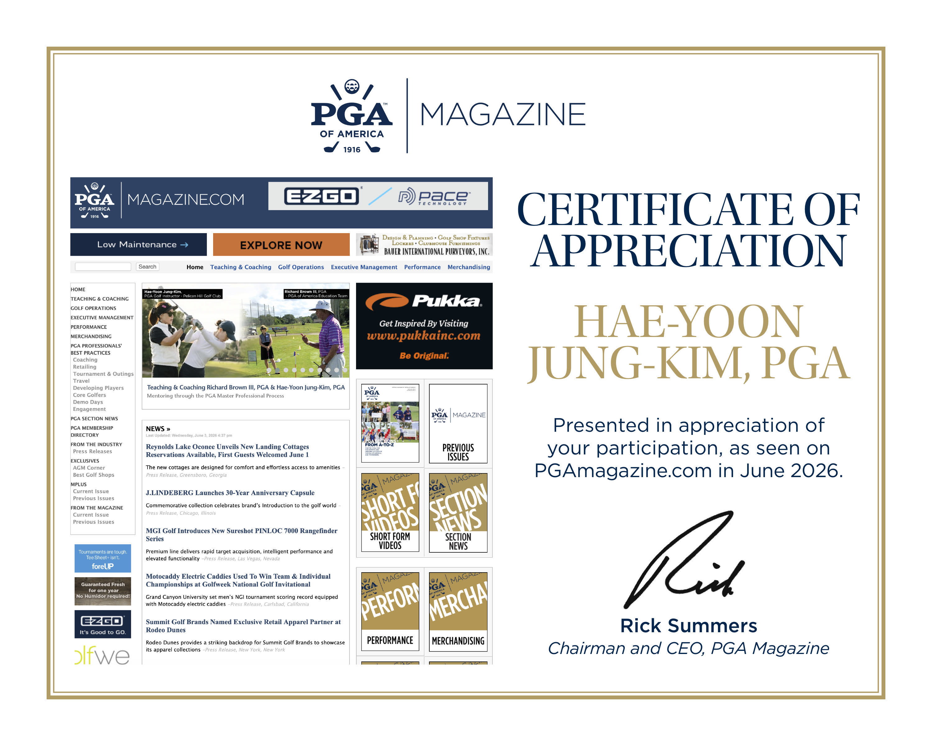 PGA Magazine Certificate